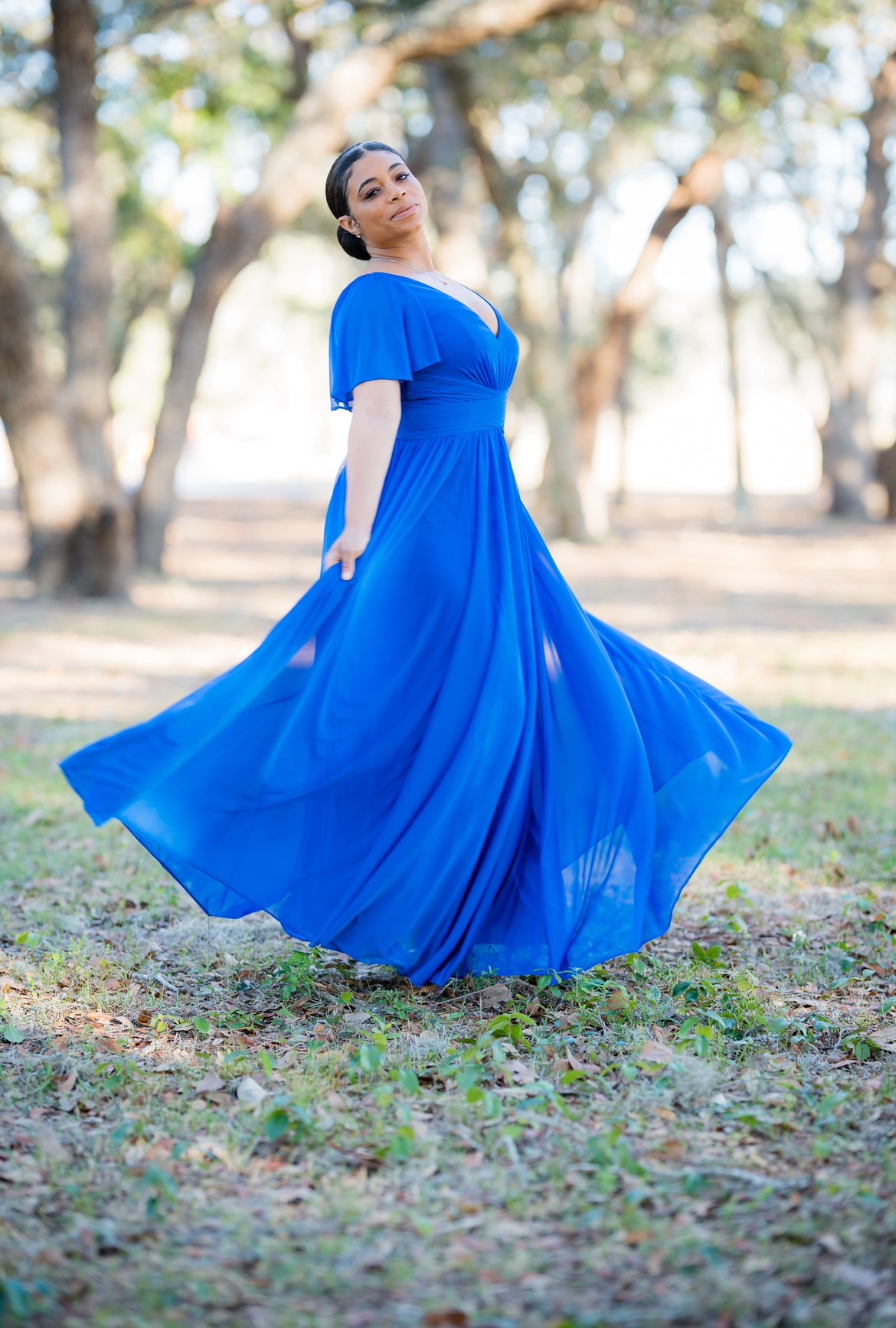 Crisscross Waist Flutter Sleeve Dress