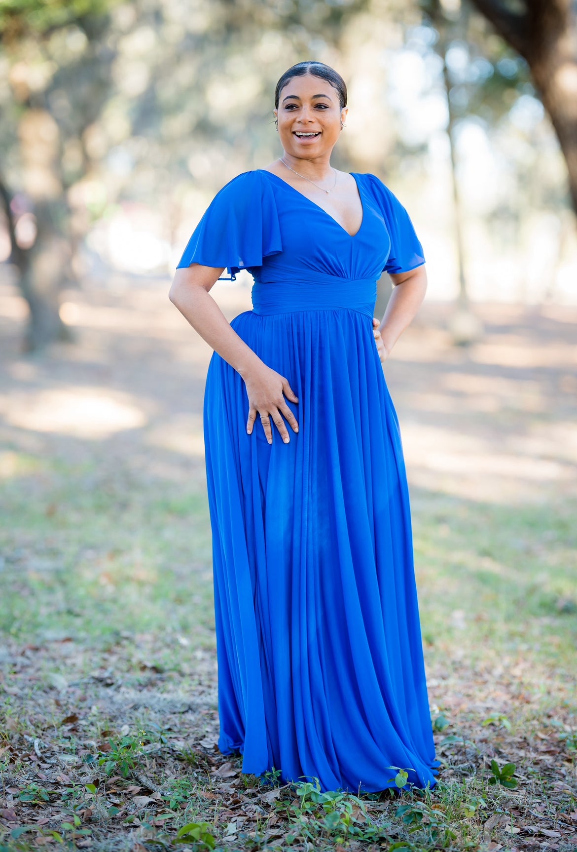 Crisscross Waist Flutter Sleeve Dress