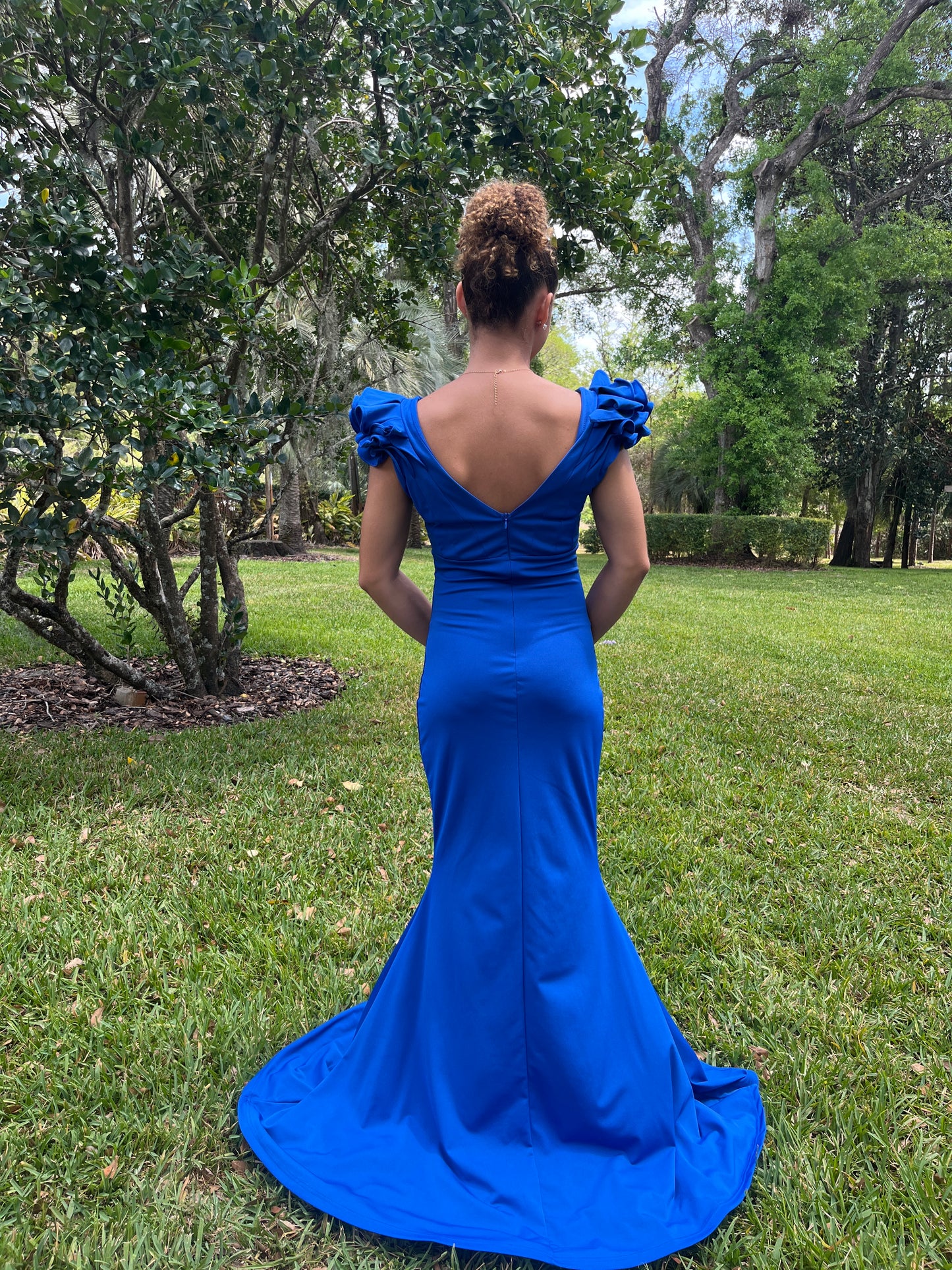 Floral Shoulder V Neck Gown