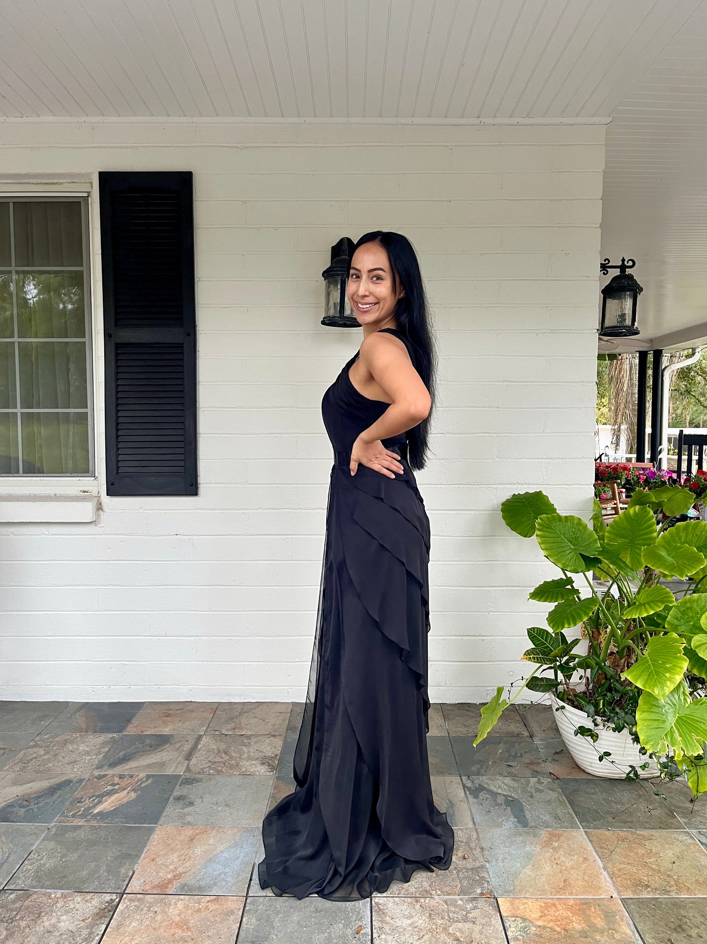 Tiered Asymmetrical Chiffon Gown