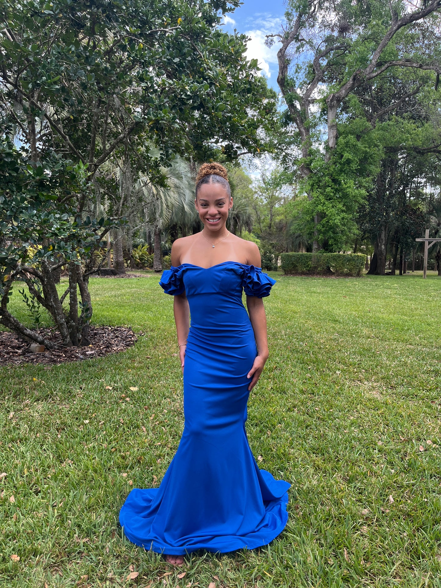Floral Shoulder V Neck Gown