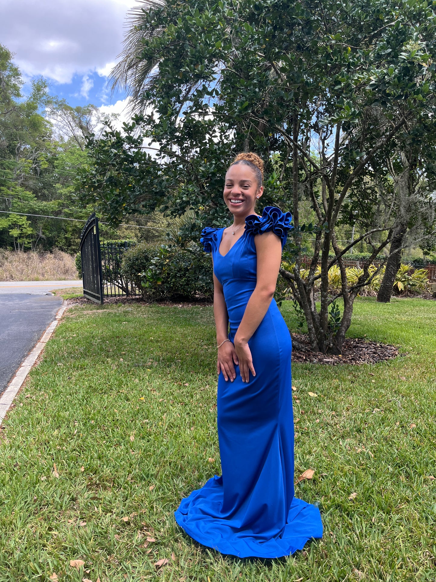 Floral Shoulder V Neck Gown