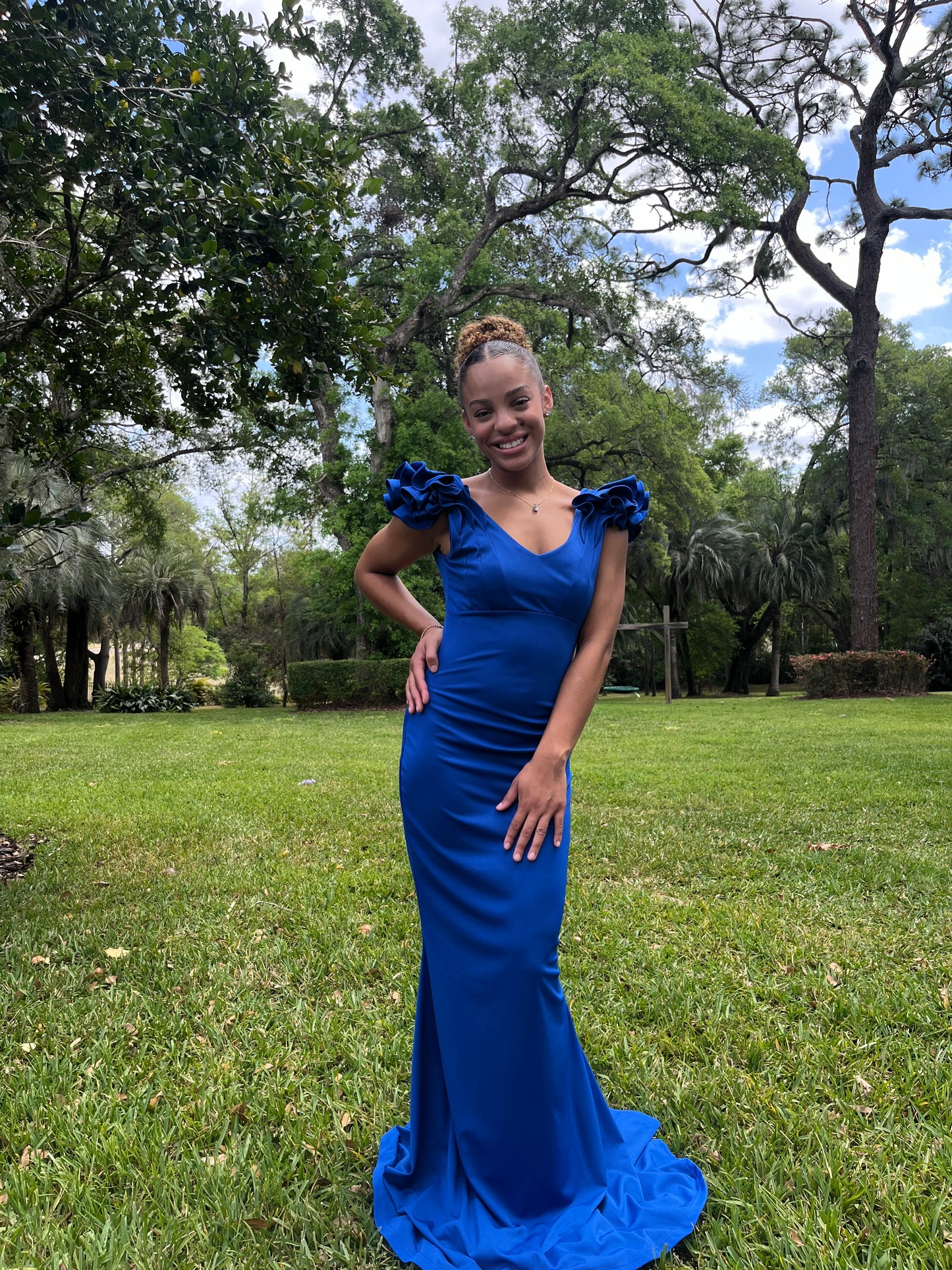 Floral Shoulder V Neck Gown