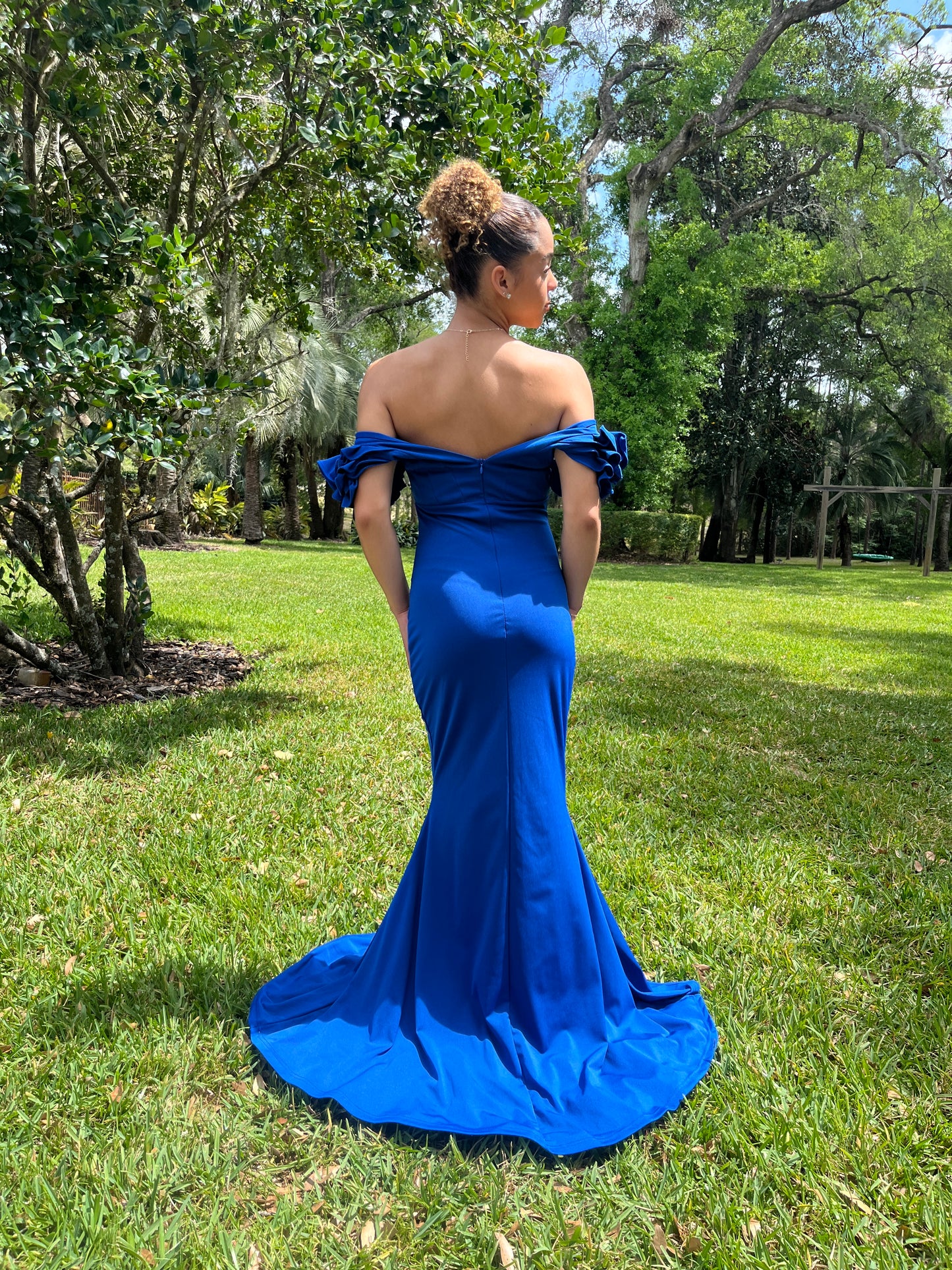 Floral Shoulder V Neck Gown