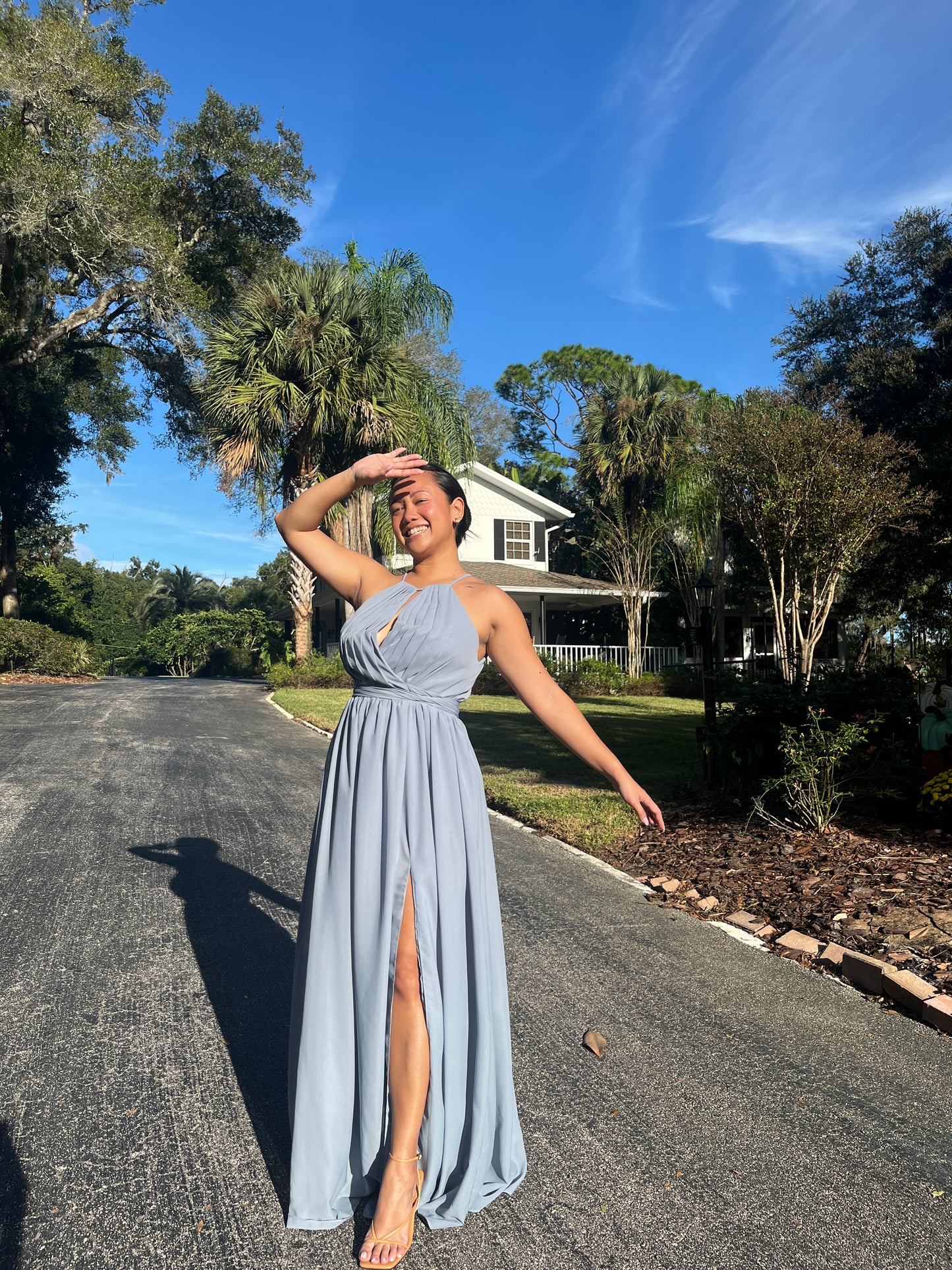 Pleated Key Hole Halter Slit Dress