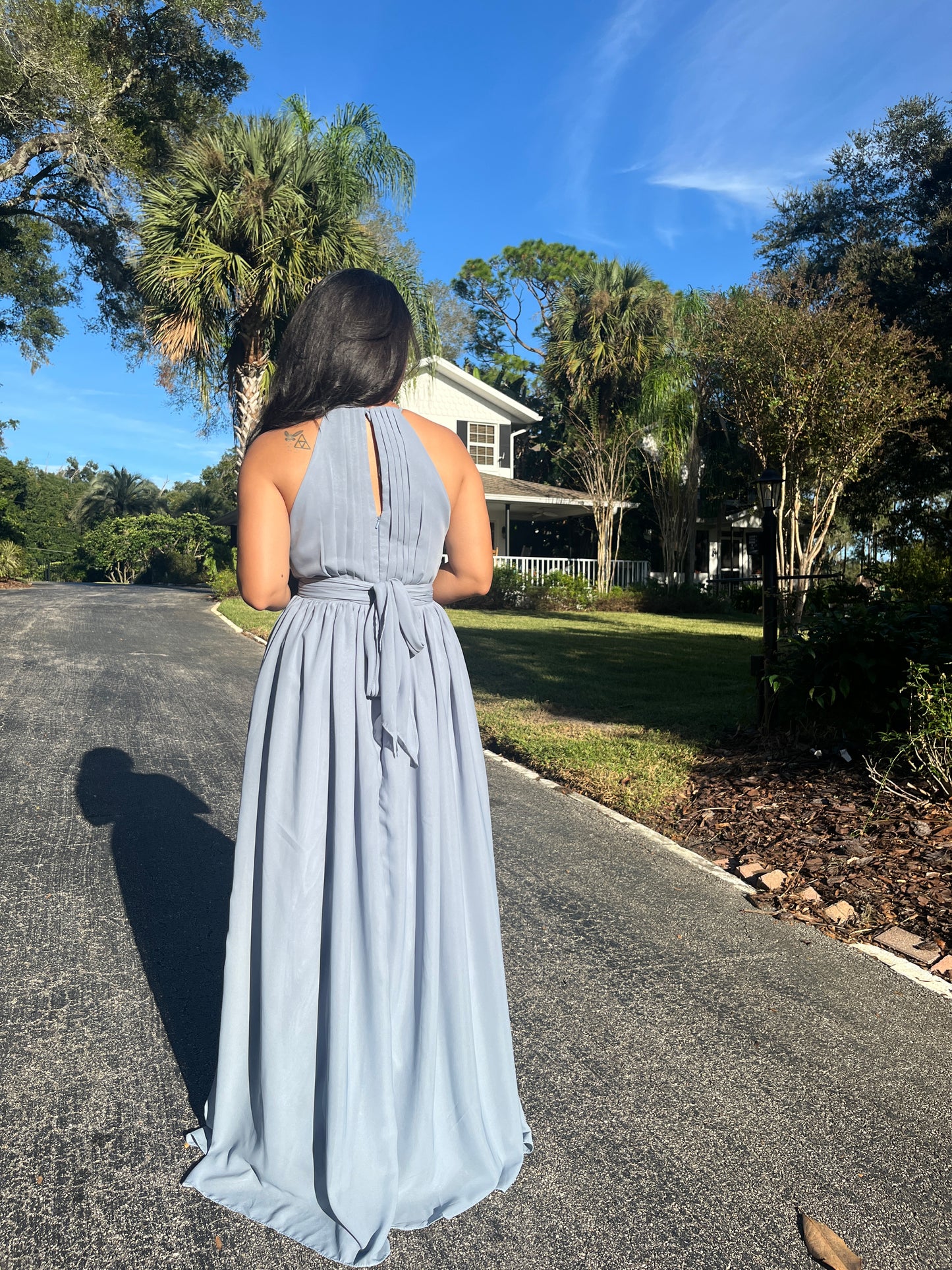Pleated Key Hole Halter Slit Dress