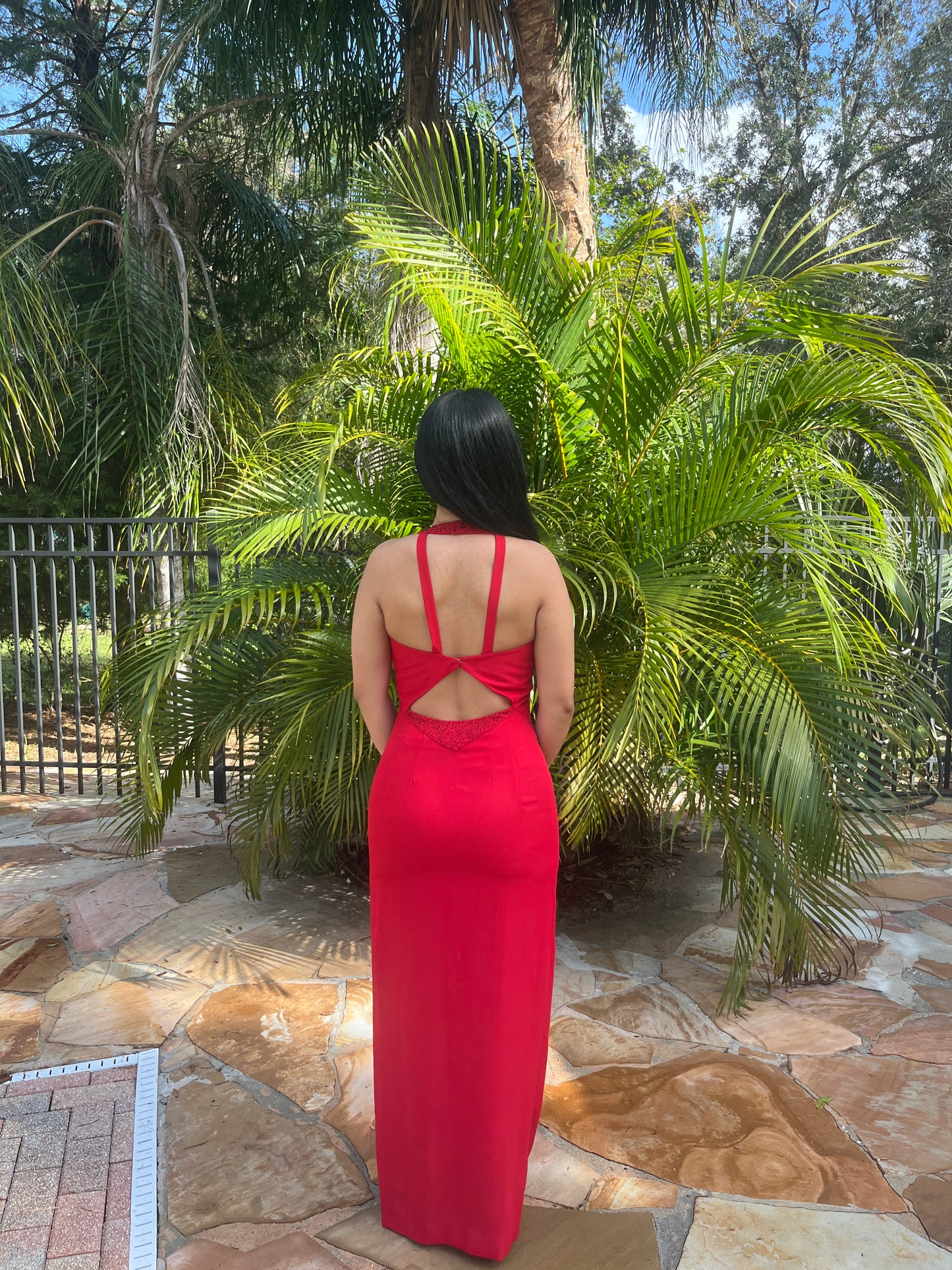 Beaded Halter Peekaboo Back Dress
