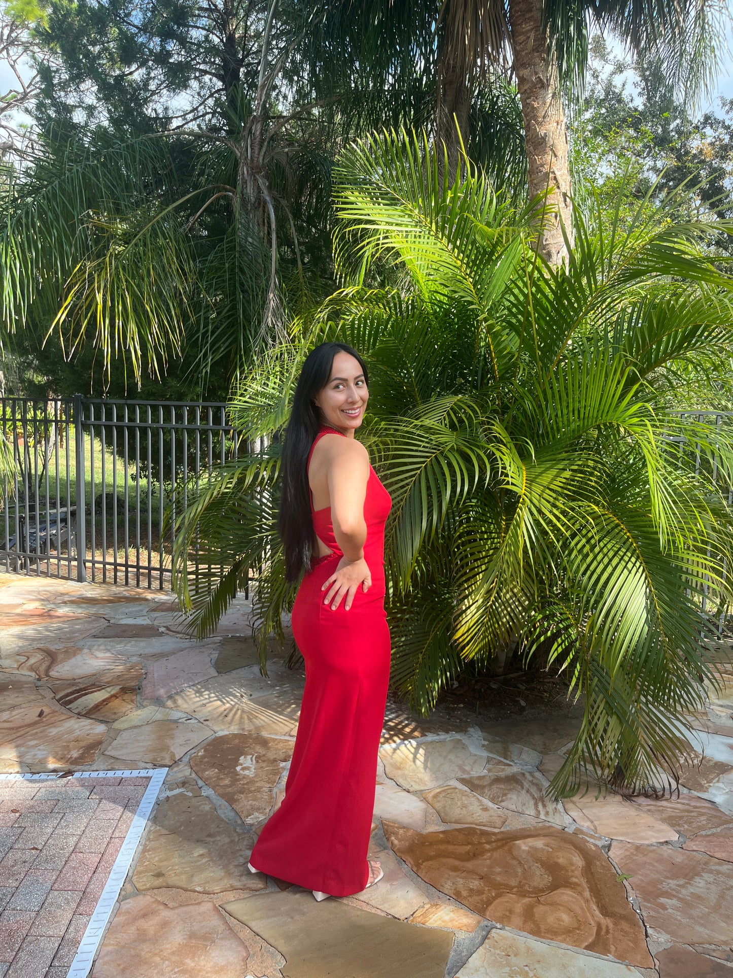 Beaded Halter Peekaboo Back Dress