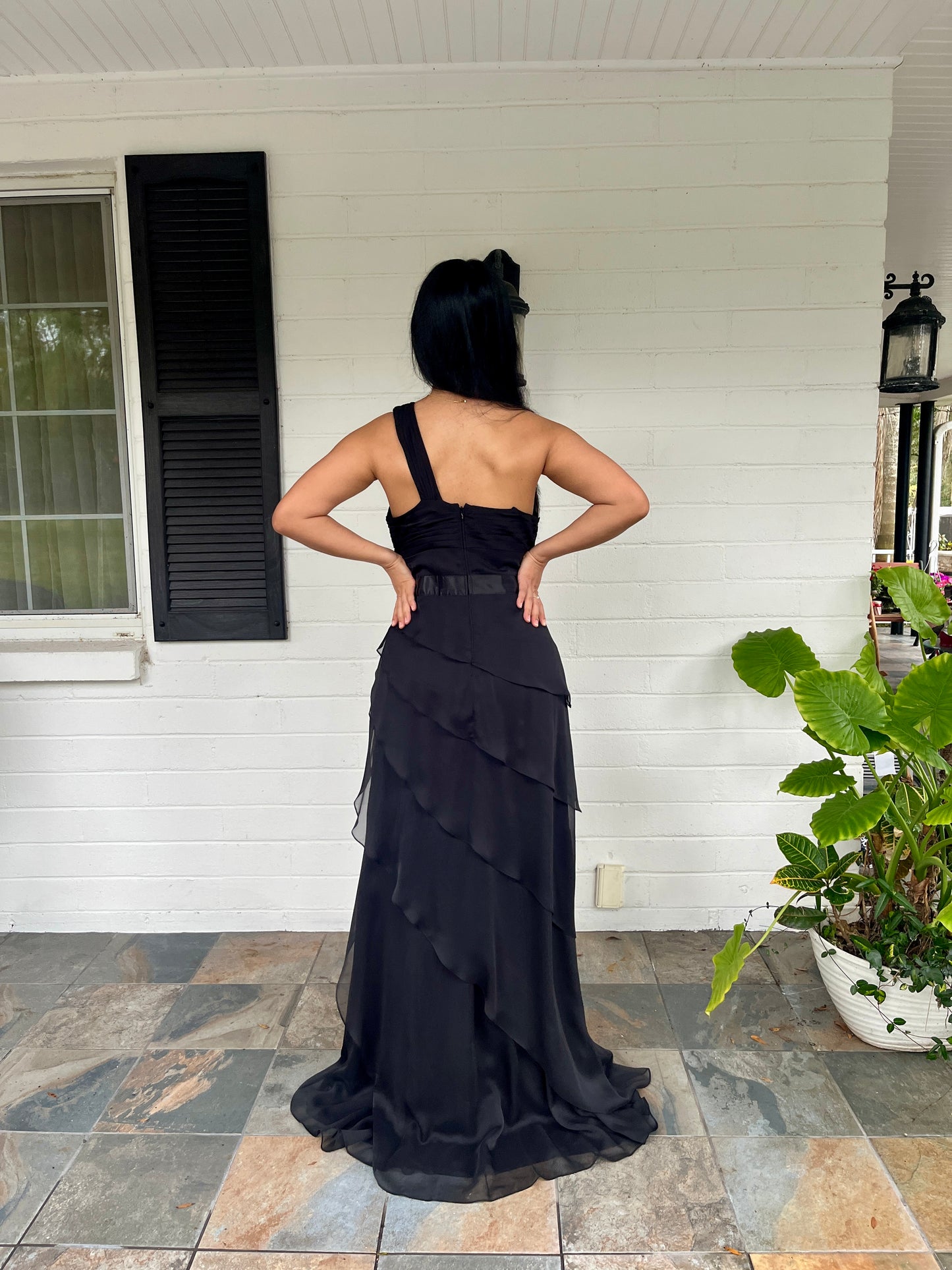 Tiered Asymmetrical Chiffon Gown