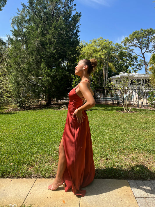 Crisscross Back Stretch Satin Dress