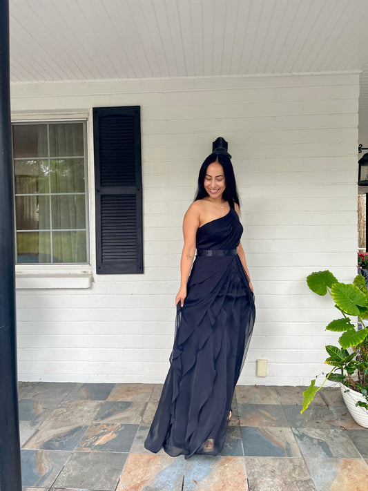 Tiered Asymmetrical Chiffon Gown