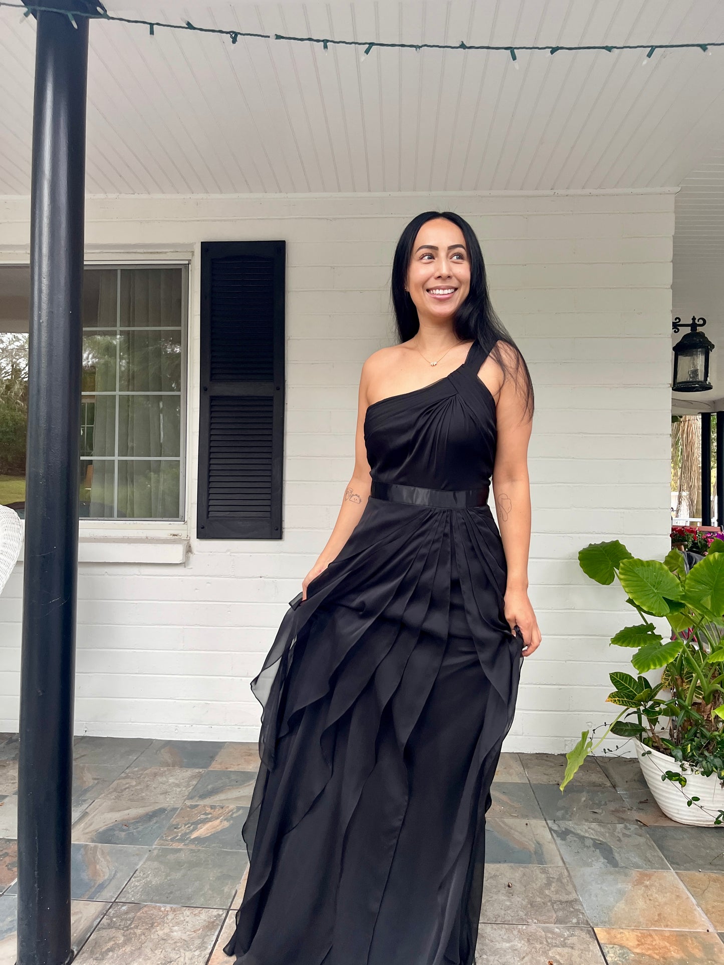 Tiered Asymmetrical Chiffon Gown