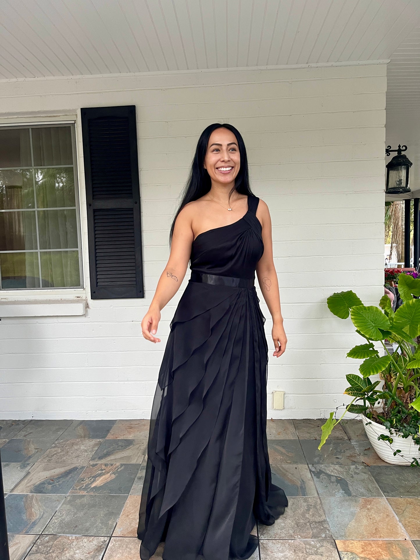 Tiered Asymmetrical Chiffon Gown
