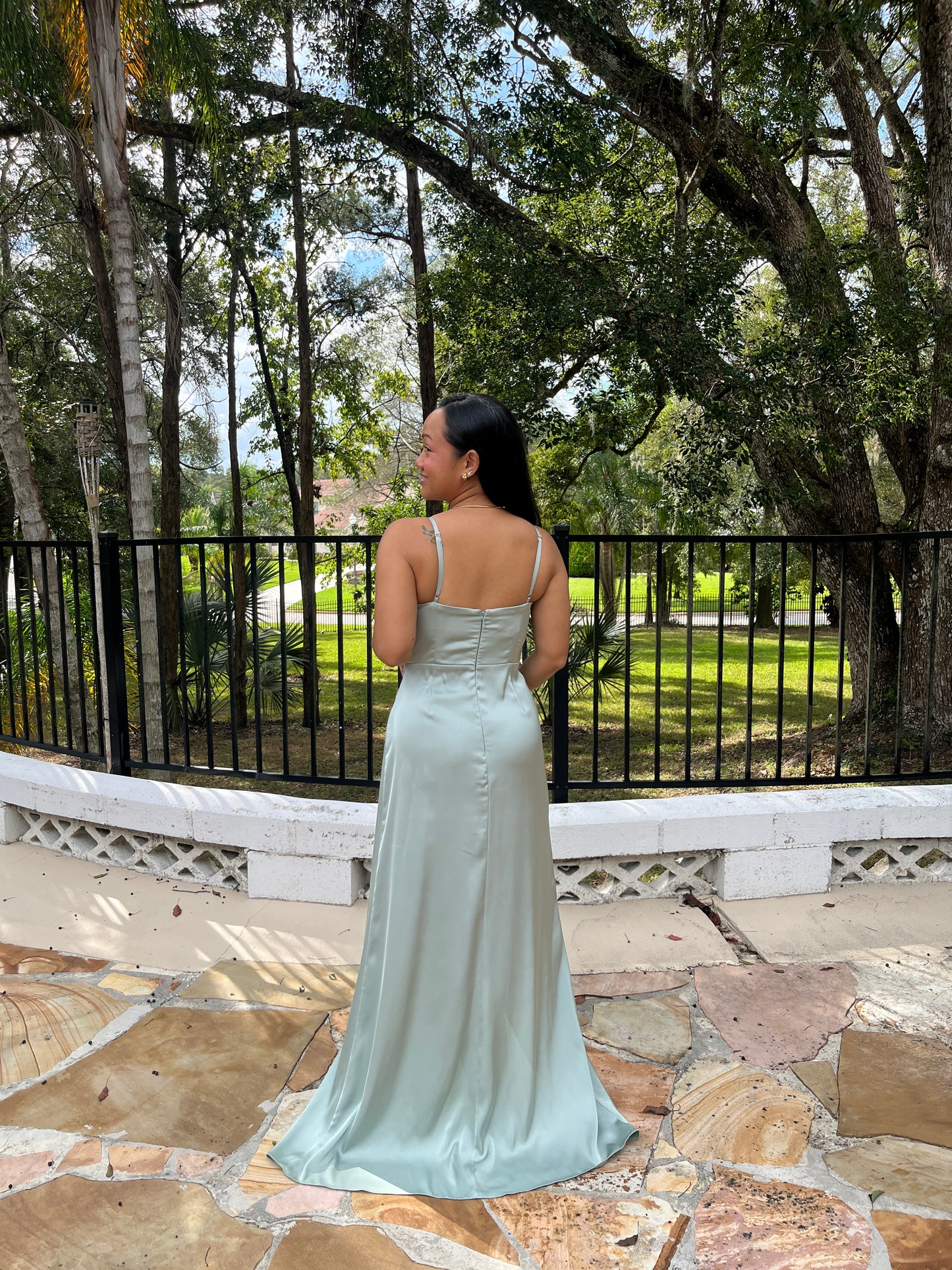 Satin V-Neck Pleated Slit Dress