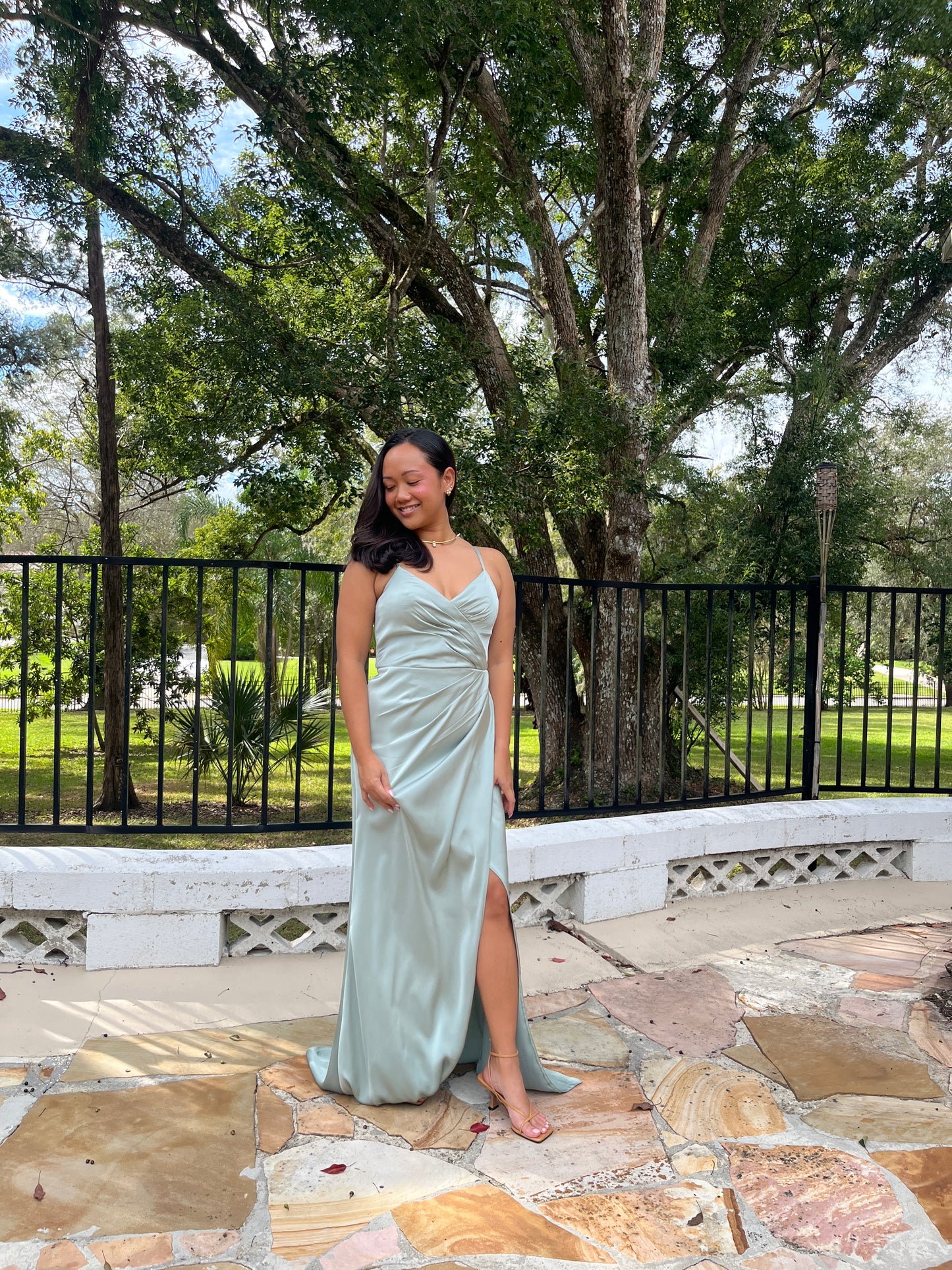 Satin V-Neck Pleated Slit Dress
