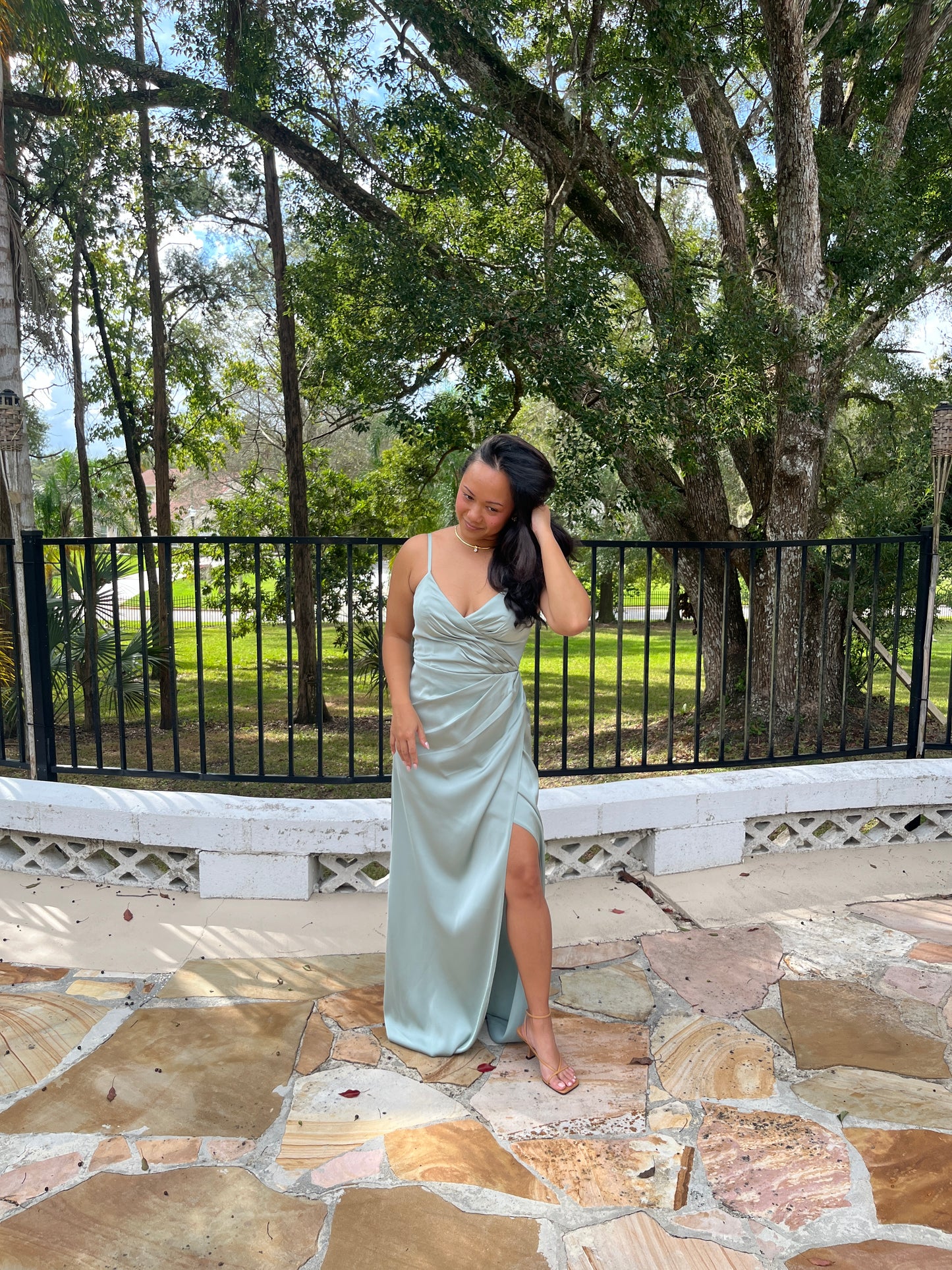 Satin V-Neck Pleated Slit Dress