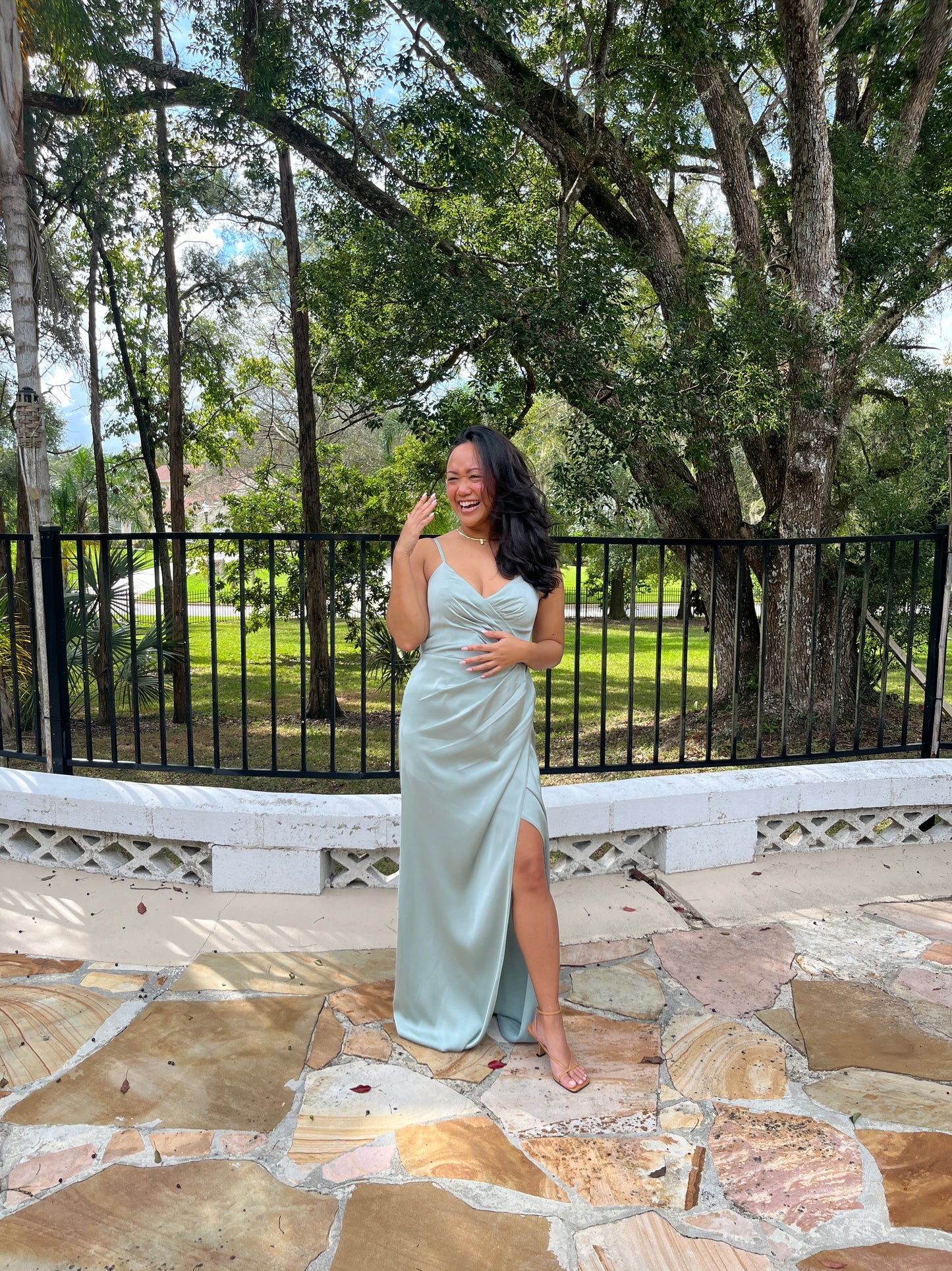 Satin V-Neck Pleated Slit Dress