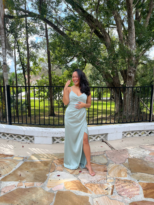 Satin V-Neck Pleated Slit Dress