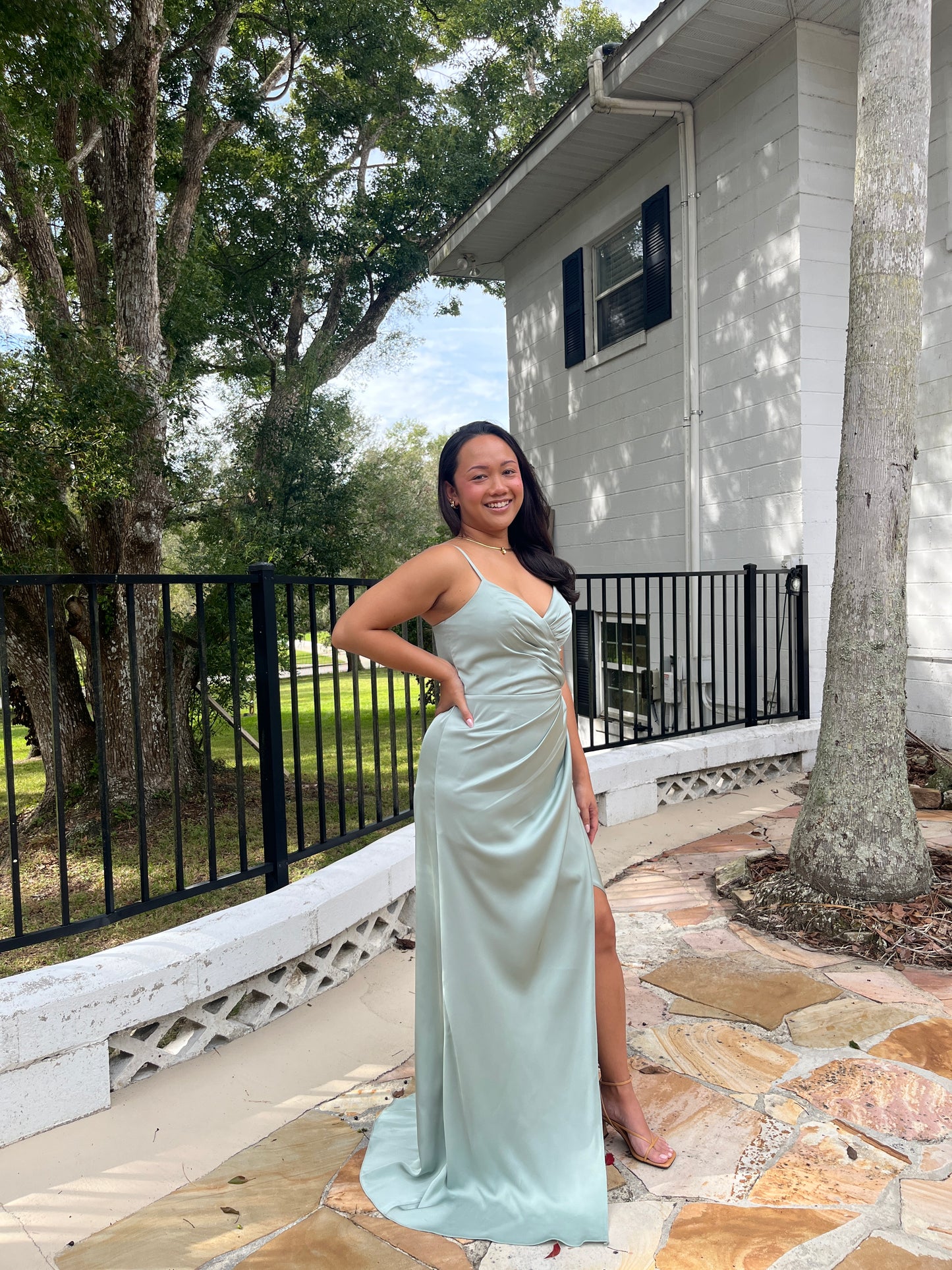 Satin V-Neck Pleated Slit Dress