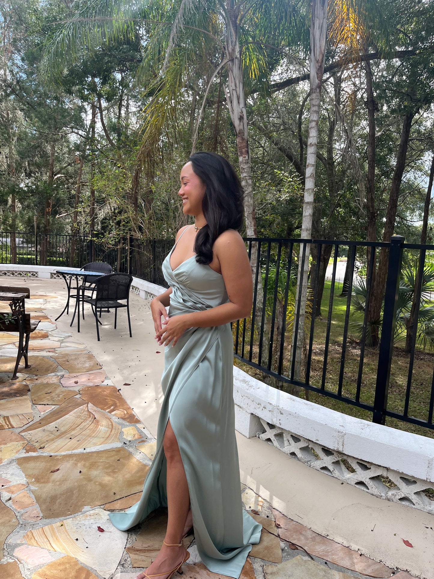 Satin V-Neck Pleated Slit Dress