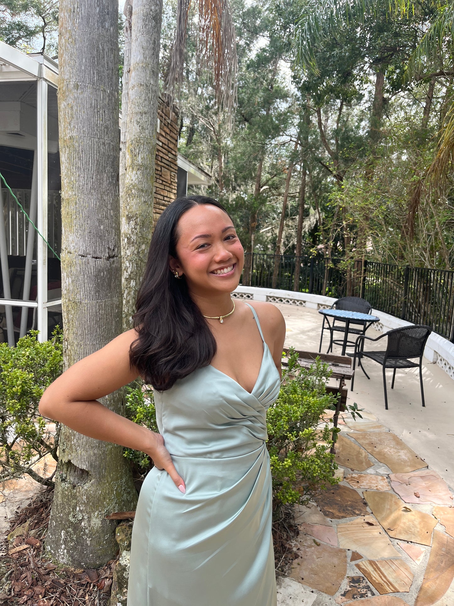 Satin V-Neck Pleated Slit Dress