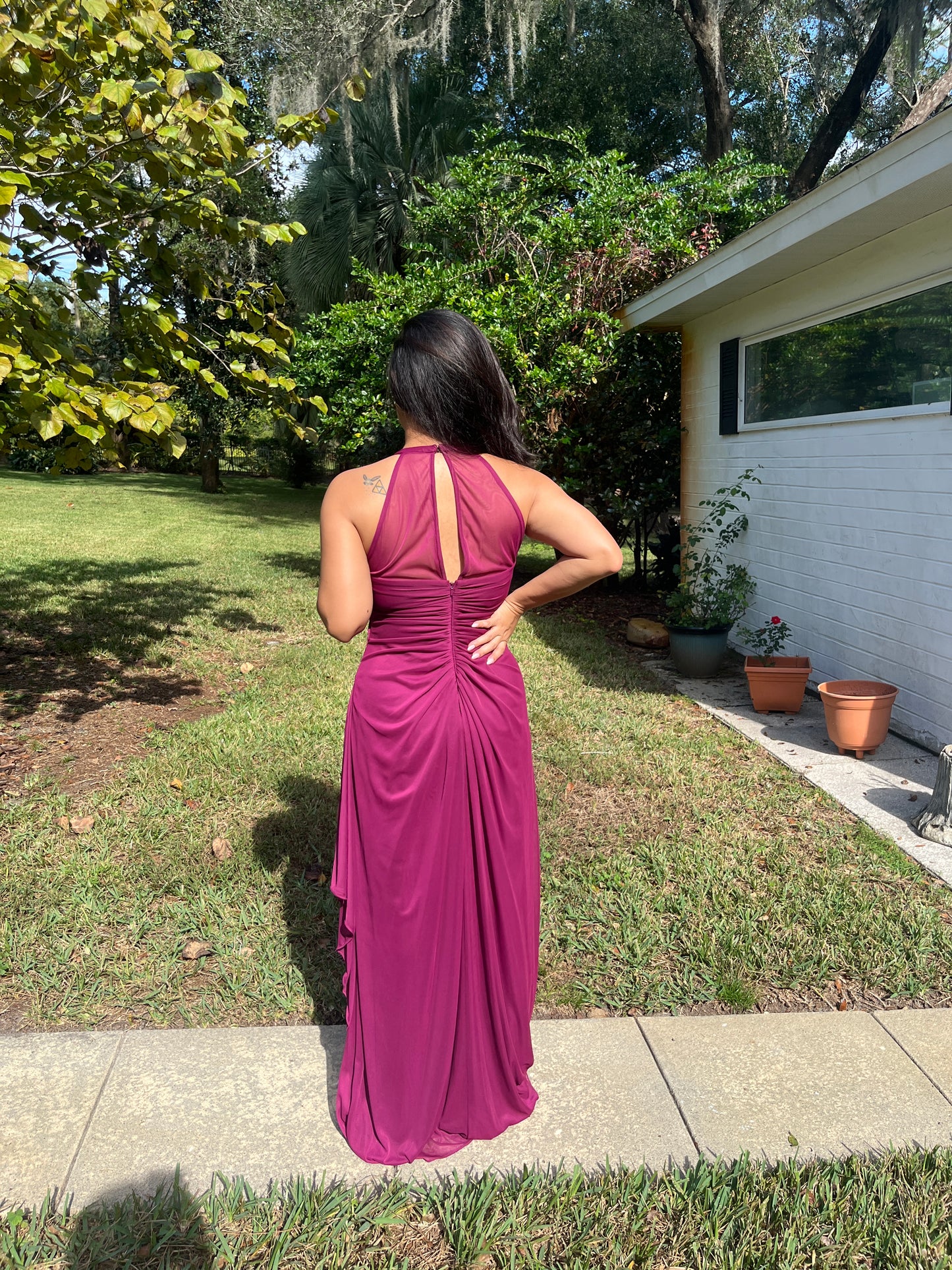 Sheer Halter Neckline Back Ruching Ruffle Dress