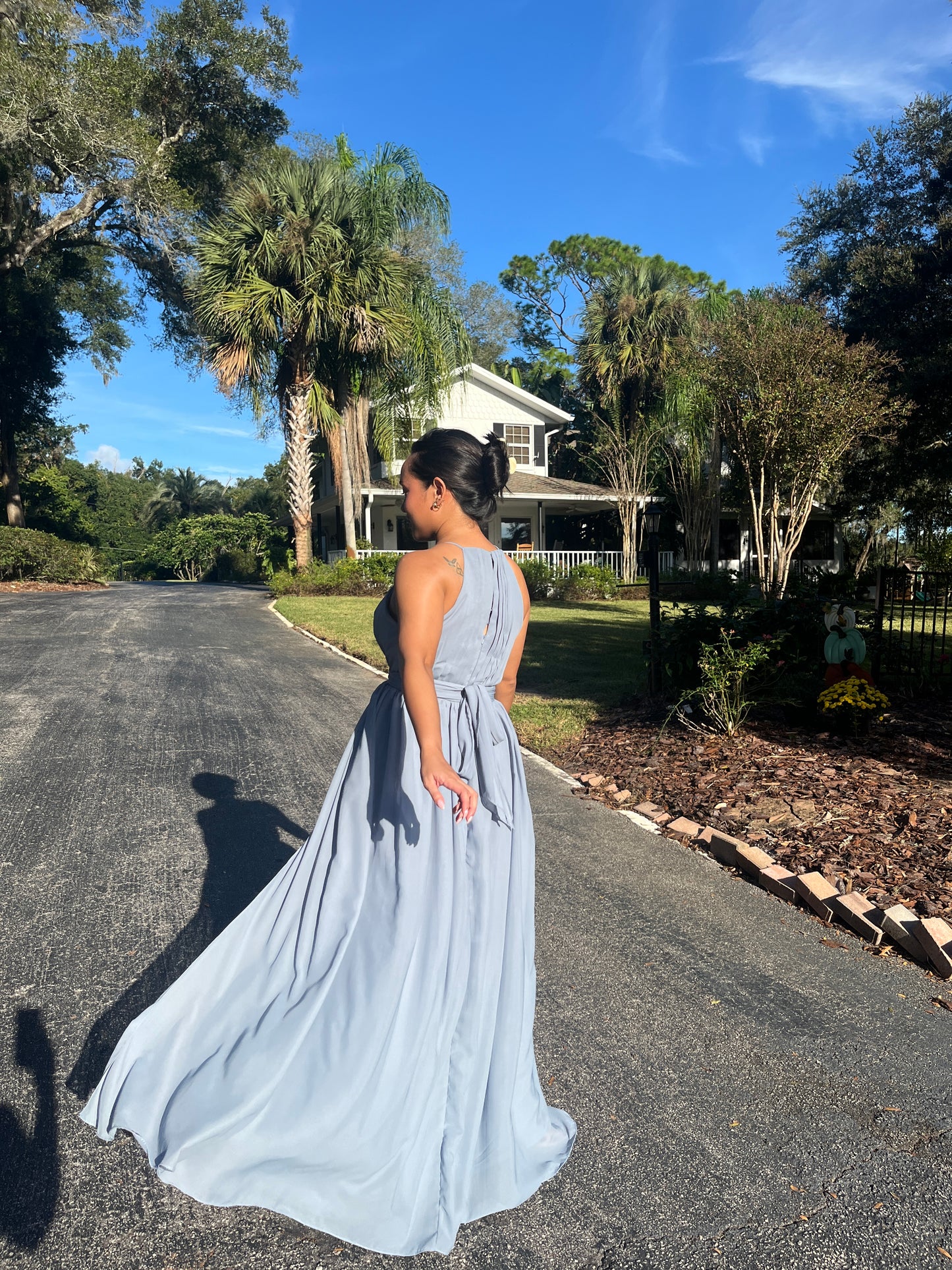 Pleated Key Hole Halter Slit Dress