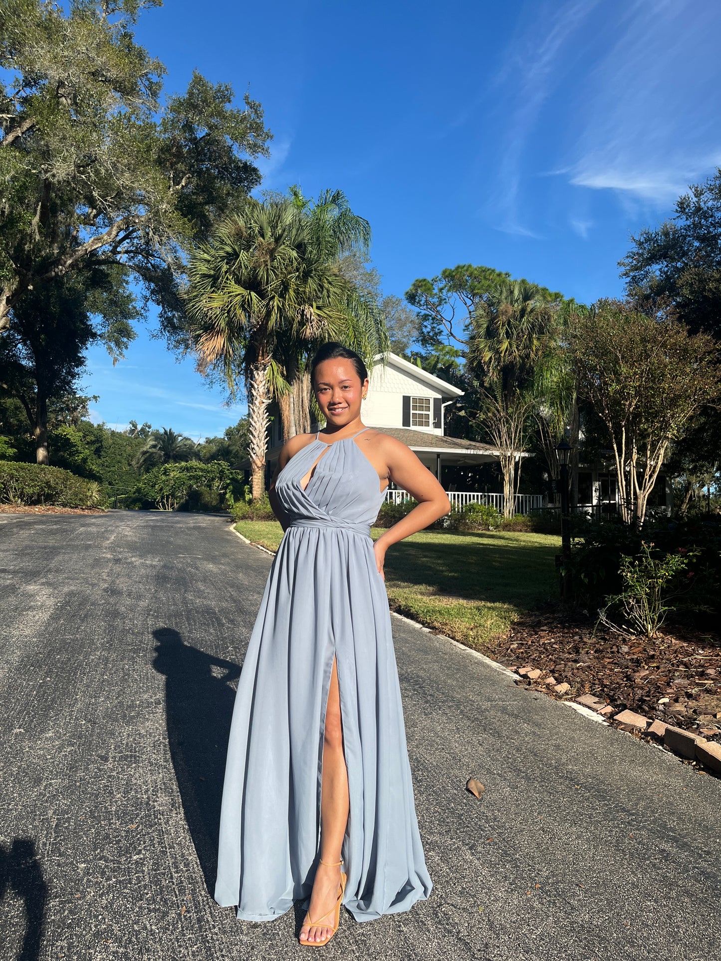 Pleated Key Hole Halter Slit Dress